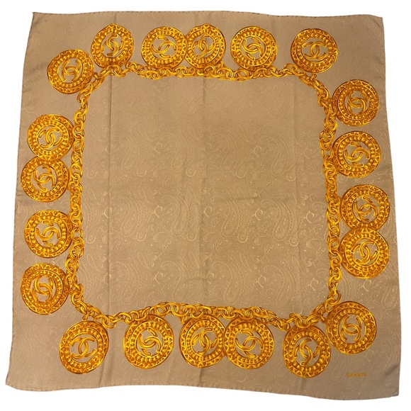 CHANEL TAUPE / GOLD CC LOGO CHAIN PRINT SQUARE SILK TWILL SCARF - Picture 1 of 8